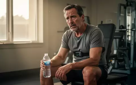 Ein erschöpfter Mann mit Herzfrequenzmesser sitzt auf einer Trainingsbank in einem Fitnessstudio. - Foto: über boerse-global.de