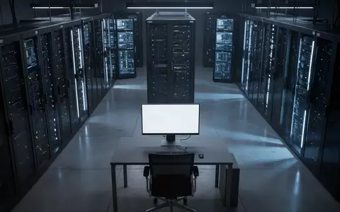 Ein moderner Serverraum mit dunklen Rack-Schränken und blauer Beleuchtung, der eine technologische Sicherheitslücke symbolisiert. - Foto: über boerse-global.de
