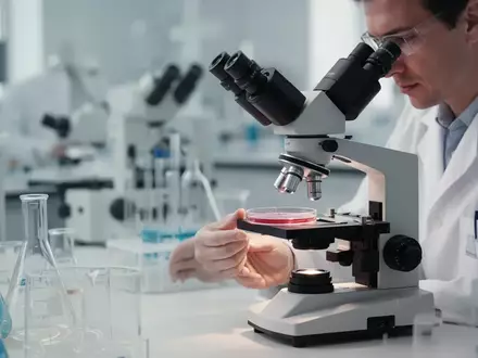 Wissenschaftler bei der Arbeit an einem Mikroskop in einem modernen biologischen Forschungslabor. - Foto: über boerse-global.de