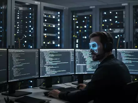 Ein Cybersicherheitsexperte arbeitet in einem modern beleuchteten Serverraum an einer digitalen Datenanalyse. - Foto: über boerse-global.de