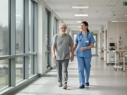 Ein Patient und eine Physiotherapeutin in einem modernen, hellen Flur einer Rehabilitationsklinik. - Foto: über boerse-global.de