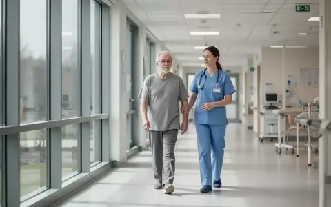 Ein Patient und eine Physiotherapeutin in einem modernen, hellen Flur einer Rehabilitationsklinik. - Foto: über boerse-global.de