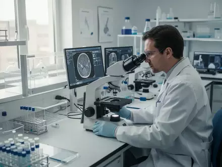 Eine wissenschaftliche Fachkraft bei der Arbeit an einem Mikroskop in einem modernen, hellen Forschungslabor. - Foto: über boerse-global.de