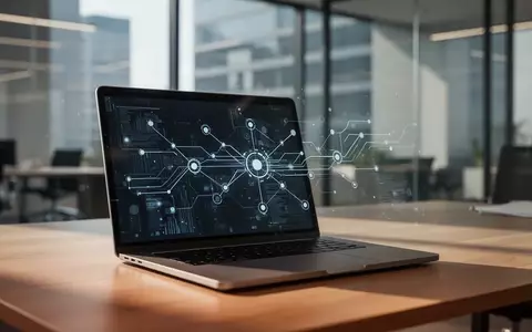 Ein moderner Büroarbeitsplatz mit einem Laptop, das eine abstrakte Netzwerkgrafik zur Datenstruktur darstellt. - Foto: über boerse-global.de