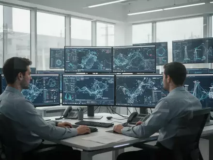 Ein Ingenieur arbeitet in einer modernen Leitwarte eines Energieunternehmens an Computermonitoren mit komplexen Datenvisualisierungen. - Foto: über boerse-global.de