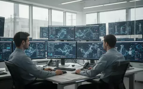 Ein Ingenieur arbeitet in einer modernen Leitwarte eines Energieunternehmens an Computermonitoren mit komplexen Datenvisualisierungen. - Foto: über boerse-global.de