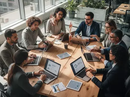 Ein Team von Fachleuten arbeitet gemeinsam in einem modernen Büro an Laptops und diskutiert an einem Besprechungstisch. - Foto: über boerse-global.de