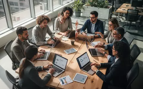 Ein Team von Fachleuten arbeitet gemeinsam in einem modernen Büro an Laptops und diskutiert an einem Besprechungstisch. - Foto: über boerse-global.de