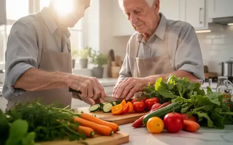 Ein älterer Mann bereitet in einer hellen Küche eine gesunde Mahlzeit mit frischem Gemüse zu. - Foto: über boerse-global.de