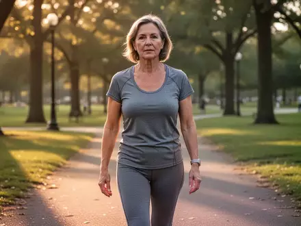 Eine Frau mittleren Alters geht in entspannter Sportkleidung bei Sonnenlicht durch einen Park. - Foto: über boerse-global.de