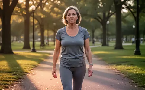 Eine Frau mittleren Alters geht in entspannter Sportkleidung bei Sonnenlicht durch einen Park. - Foto: über boerse-global.de