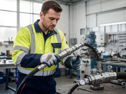 Ein Techniker in Arbeitskleidung prüft in einer Werkstatt einen Industrieschlauch auf Sicherheit. - Foto: über boerse-global.de