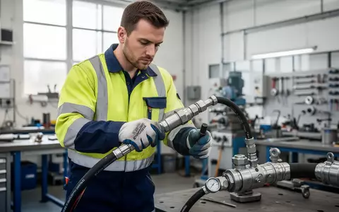 Ein Techniker in Arbeitskleidung prüft in einer Werkstatt einen Industrieschlauch auf Sicherheit. - Foto: über boerse-global.de