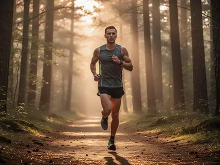 Ein Läufer joggt in der frühen Morgenstimmung auf einem Waldweg. - Foto: über boerse-global.de