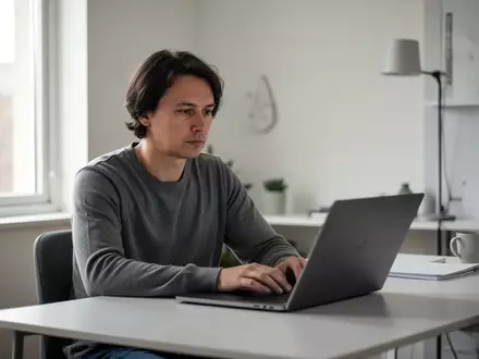 Eine Person sitzt an einem Schreibtisch vor einem Laptop in einem hellen, modernen Heimbüro. - Foto: über boerse-global.de
