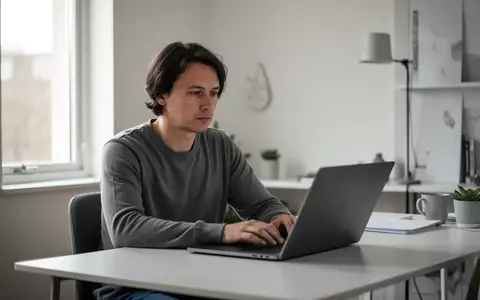 Eine Person sitzt an einem Schreibtisch vor einem Laptop in einem hellen, modernen Heimbüro. - Foto: über boerse-global.de
