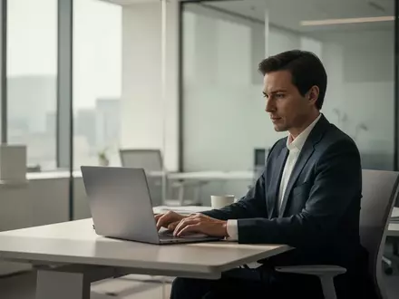 Eine Person arbeitet in einem modernen, hellen Büro an einem Laptop, um Compliance-Prozesse zu bearbeiten. - Foto: über boerse-global.de