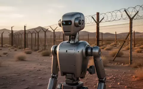 Ein humanoider Roboter steht in einer Wüstenlandschaft nahe einem Grenzzaun während der Dämmerung. - Foto: über boerse-global.de