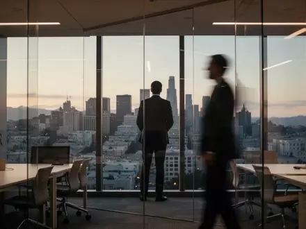 Ein moderner, minimalistischer Konferenzraum in einem Bürogebäude mit Blick auf die Skyline von San Francisco bei Dämmerung. - Foto: über boerse-global.de