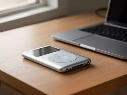 Ein klassischer iPod liegt neben einem Laptop auf einem modernen Schreibtisch bei natürlichem Tageslicht. - Foto: über boerse-global.de