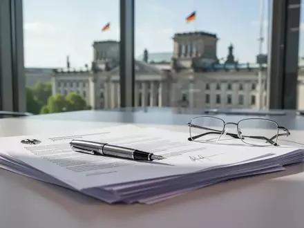 Aktenstapel und ein Füllfederhalter auf einem Schreibtisch vor einem unscharfen Hintergrund eines Berliner Regierungsgebäudes. - Foto: über boerse-global.de