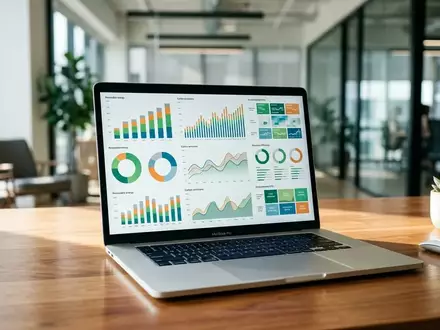 Ein moderner Laptop zeigt komplexe Nachhaltigkeitsdaten und Diagramme in einem hellen, professionellen Büro. - Foto: über boerse-global.de