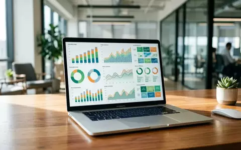 Ein moderner Laptop zeigt komplexe Nachhaltigkeitsdaten und Diagramme in einem hellen, professionellen Büro. - Foto: über boerse-global.de