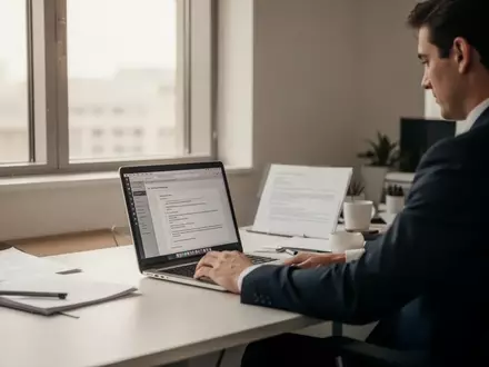 Eine Person sitzt an einem Schreibtisch mit einem Laptop in einer professionellen Büroumgebung mit natürlichem Licht. - Foto: über boerse-global.de