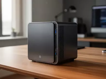 Ein kompaktes, modernes NAS-Speichersystem aus gebürstetem Metall auf einem Schreibtisch. - Foto: über boerse-global.de