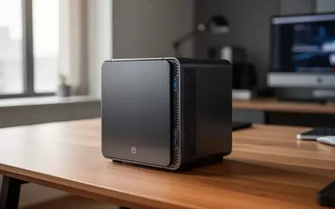 Ein kompaktes, modernes NAS-Speichersystem aus gebürstetem Metall auf einem Schreibtisch. - Foto: über boerse-global.de