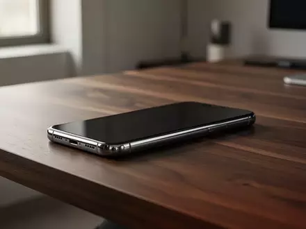 Ein modernes Smartphone liegt auf einem eleganten Holztisch in einem hellen, minimalistisch eingerichteten Büro. - Foto: über boerse-global.de