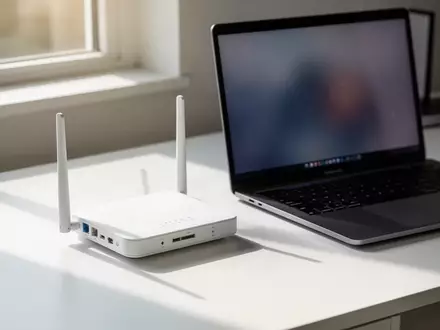 Ein moderner Schreibtisch mit einem WLAN-Router und einem Laptop in einem hellen Home-Office. - Foto: über boerse-global.de