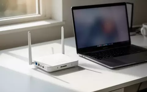 Ein moderner Schreibtisch mit einem WLAN-Router und einem Laptop in einem hellen Home-Office. - Foto: über boerse-global.de