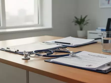Ein heller, moderner Arztarbeitsplatz mit einem Stethoskop und einer Patientenakte auf einem Schreibtisch. - Foto: über boerse-global.de