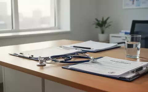 Ein heller, moderner Arztarbeitsplatz mit einem Stethoskop und einer Patientenakte auf einem Schreibtisch. - Foto: über boerse-global.de