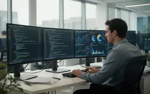 Ein IT-Spezialist arbeitet konzentriert an Monitoren mit Datenvisualisierungen in einem modernen Büro. - Foto: über boerse-global.de