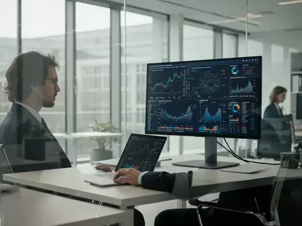Ein Finanzanalyst arbeitet in einem modernen Büro an einem Laptop, während auf einem Bildschirm komplexe Daten visualisiert werden. - Foto: über boerse-global.de