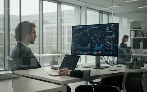 Ein Finanzanalyst arbeitet in einem modernen Büro an einem Laptop, während auf einem Bildschirm komplexe Daten visualisiert werden. - Foto: über boerse-global.de