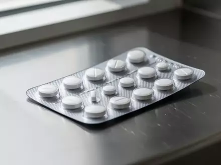 Eine Blisterpackung mit weißen Medikamententabletten auf einer sterilen Edelstahloberfläche. - Foto: über boerse-global.de