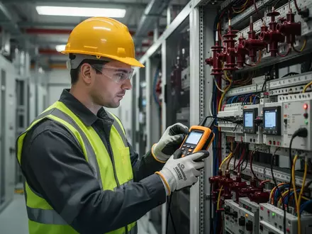 Elektroingenieur bei der Sicherheitsprüfung an einer Hochspannungsanlage in einem industriellen Rechenzentrum. - Foto: über boerse-global.de