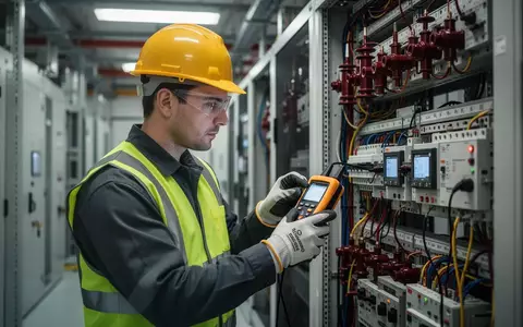 Elektroingenieur bei der Sicherheitsprüfung an einer Hochspannungsanlage in einem industriellen Rechenzentrum. - Foto: über boerse-global.de