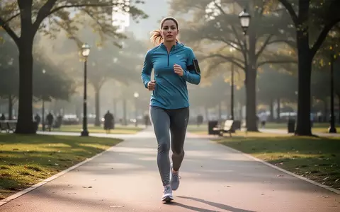 Eine sportliche Person beim zügigen Gehen auf einem sonnigen Parkweg im Morgenlicht. - Foto: über boerse-global.de