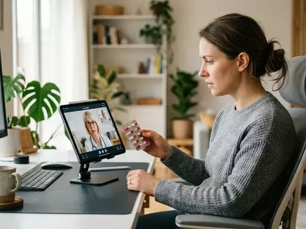 Eine Person sitzt an einem Schreibtisch und betrachtet ein Medikamentenblister vor einem Tablet mit einer Telemedizin-App. - Foto: über boerse-global.de