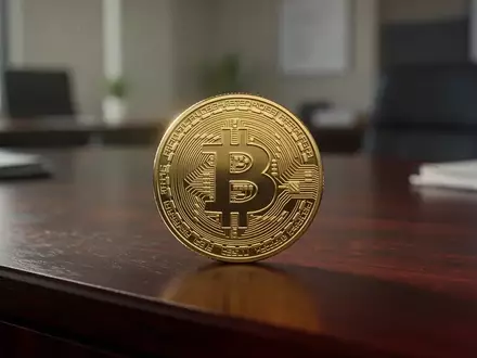 Eine goldene Bitcoin-Münze auf einem dunklen Schreibtisch in einer professionellen Büroumgebung. - Foto: über boerse-global.de