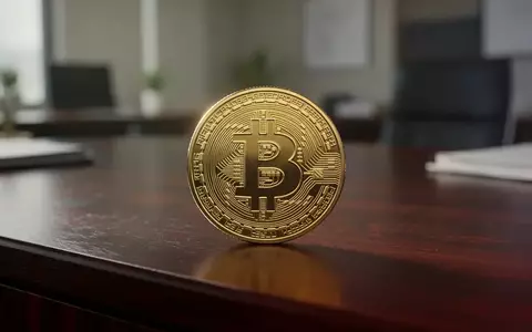 Eine goldene Bitcoin-Münze auf einem dunklen Schreibtisch in einer professionellen Büroumgebung. - Foto: über boerse-global.de