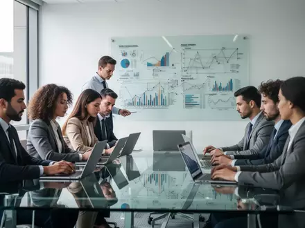 Ein Team von Fachleuten arbeitet in einem modernen Büro an einer strategischen Planung für KI-Unternehmensprozesse. - Foto: über boerse-global.de
