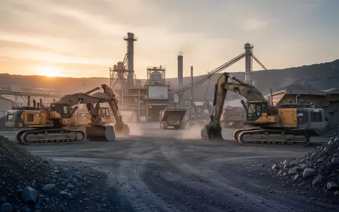Moderne industrielle Graphit-Minenanlage bei Sonnenuntergang mit schweren Baumaschinen auf einem Schotterplatz. - Foto: über boerse-global.de