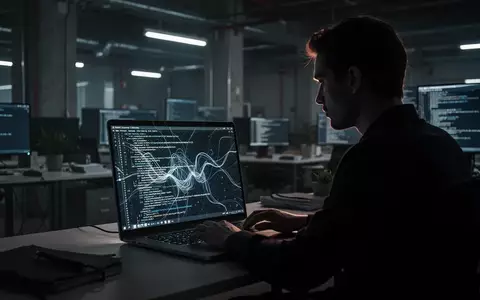 Ein Techniker arbeitet an einem Laptop in einer dunklen Büroumgebung, während auf dem Bildschirm abstrakte Programmiercodes zu sehen sind. - Foto: über boerse-global.de