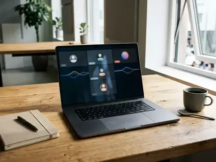 Ein minimalistischer Büroarbeitsplatz mit einem geöffneten Laptop, auf dem eine Meeting-Software zu sehen ist, in hellem Tageslicht. - Foto: über boerse-global.de
