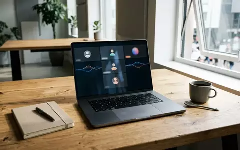 Ein minimalistischer Büroarbeitsplatz mit einem geöffneten Laptop, auf dem eine Meeting-Software zu sehen ist, in hellem Tageslicht. - Foto: über boerse-global.de